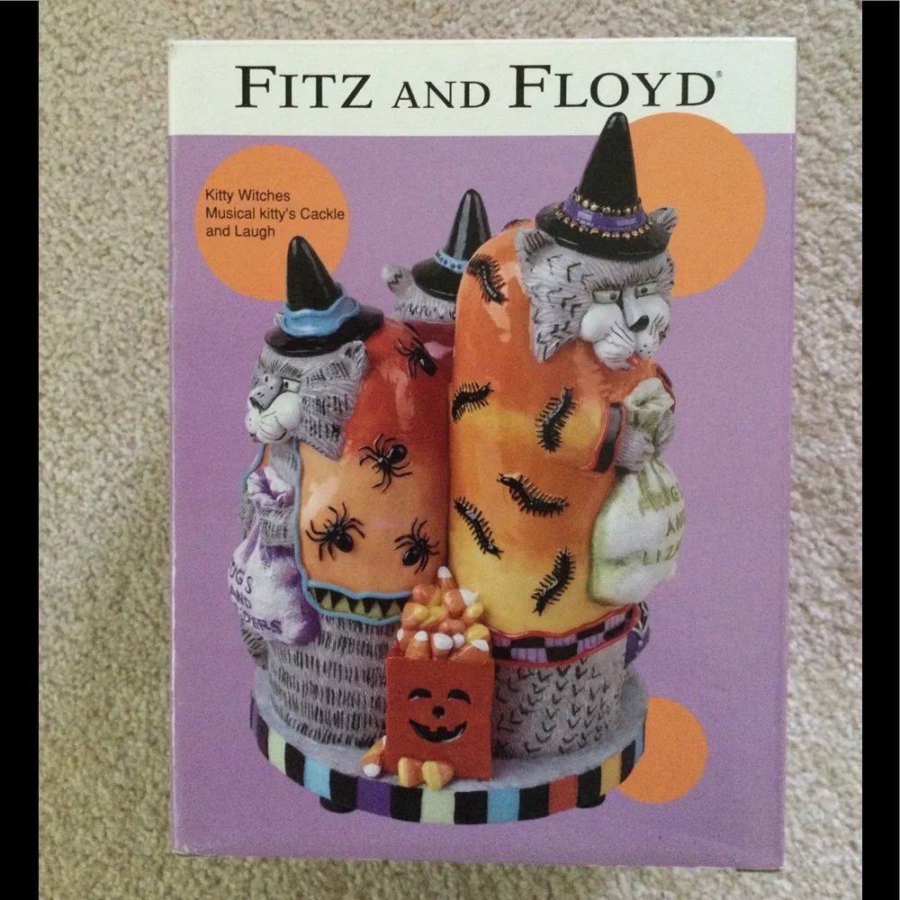 Fitz & Floyd Kitty Witches Musical Figurine Halloween 8” x 5”